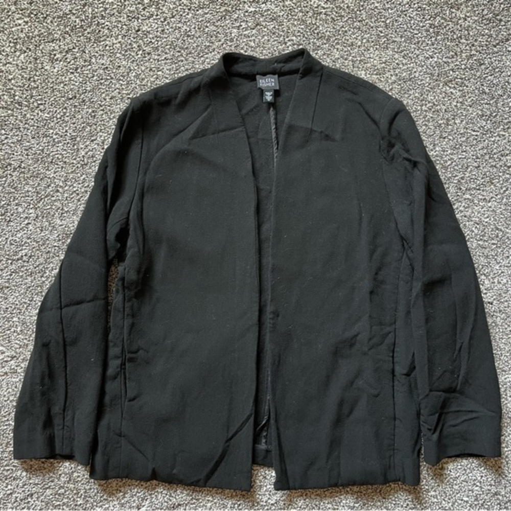 Eileen Fisher Black Long‎ Sleeve Blazer/Cardigan Pockets Rayon Wool Blend Size M